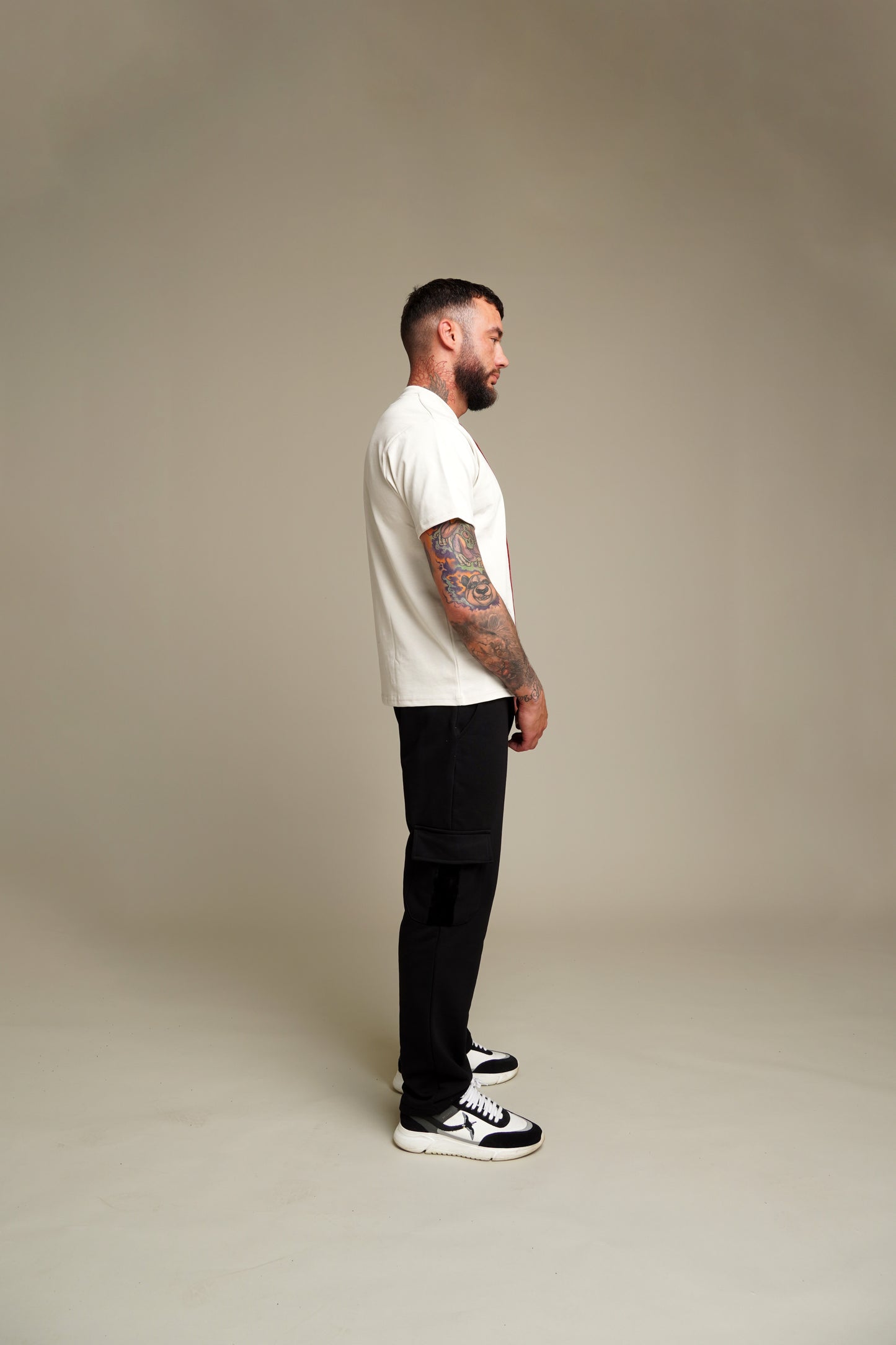 Cream White T-Shirt With Red & Grey