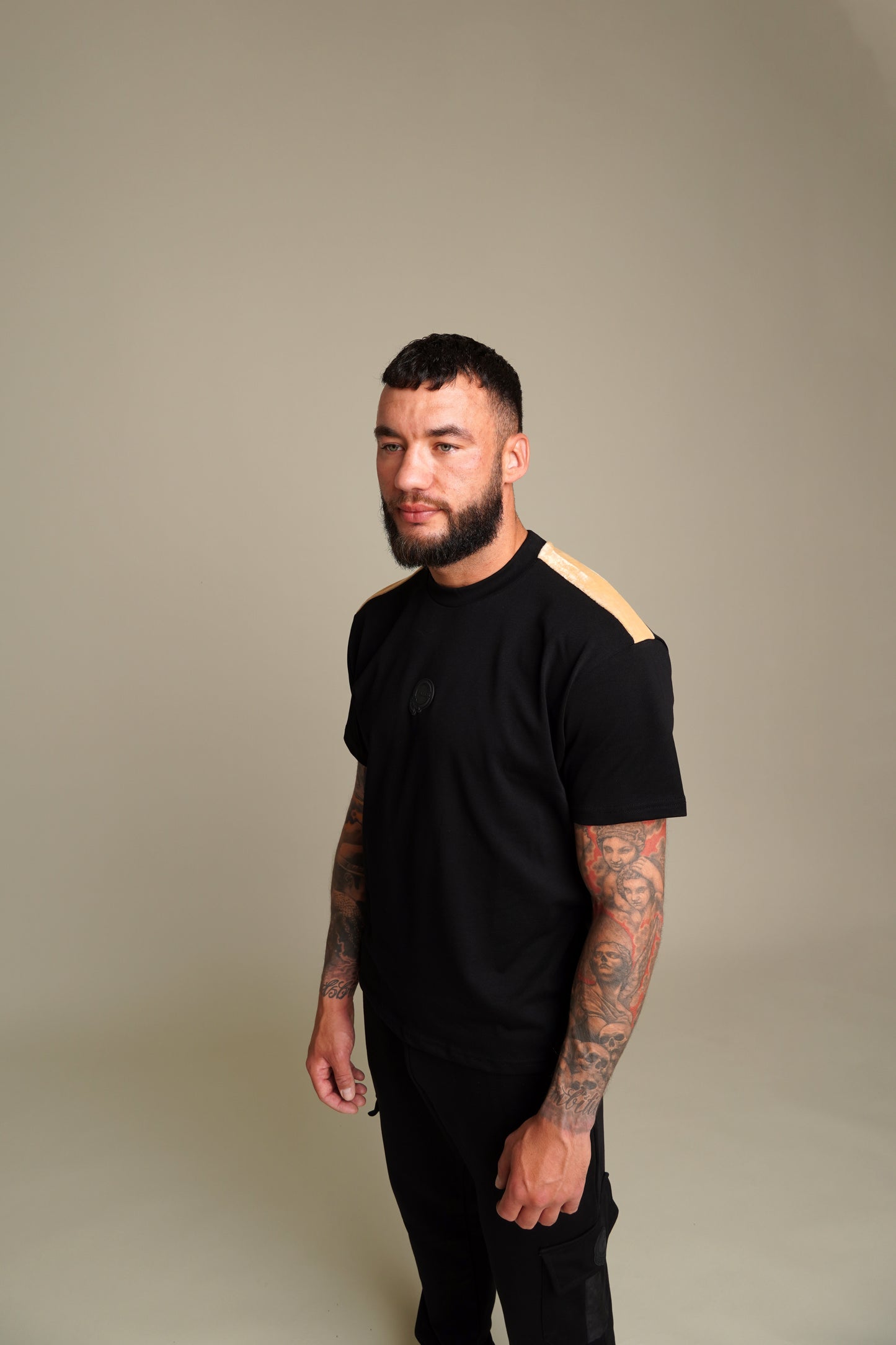 Black T-Shirt & Beige Velvet