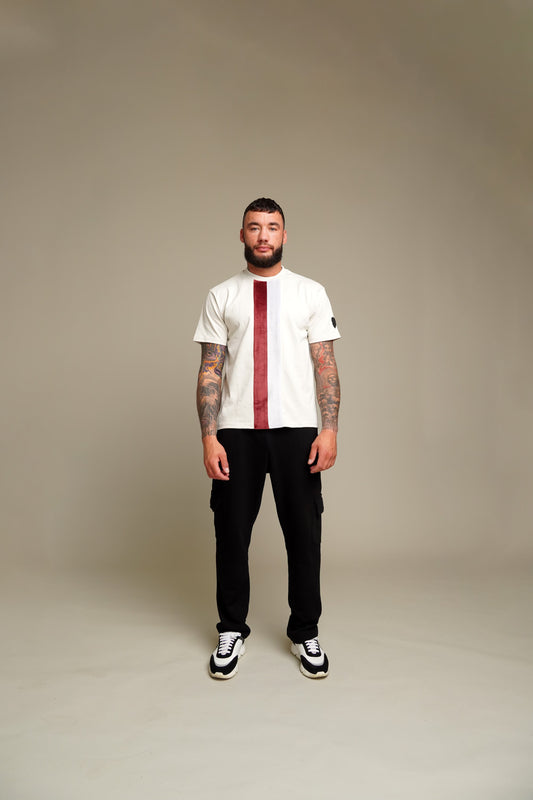Cream White T-Shirt With Red & Grey